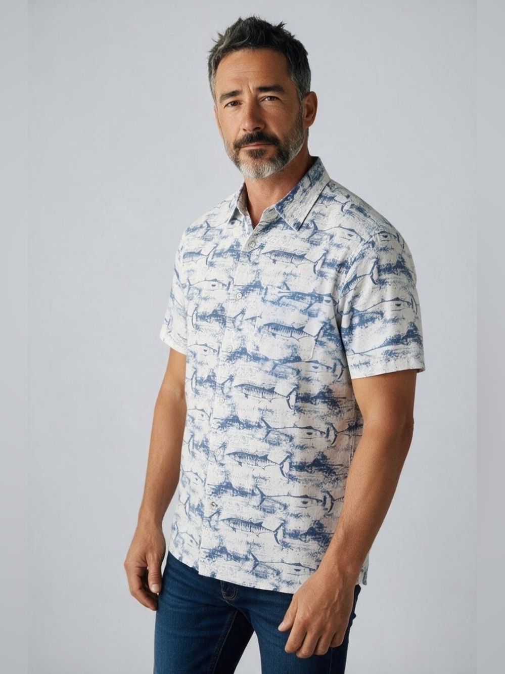 Nautica Men’s Small Fish Print Cotton Button Down Shirt Blue Coastal Lightweight